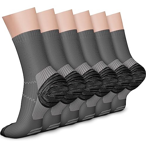 CHARMKING 6 Pairs Crew Compression Socks for Women & Men Circulation 15-20 mmHg is Best for All Day Wear Running Nurse (L/XL,Dark Grey/Black)