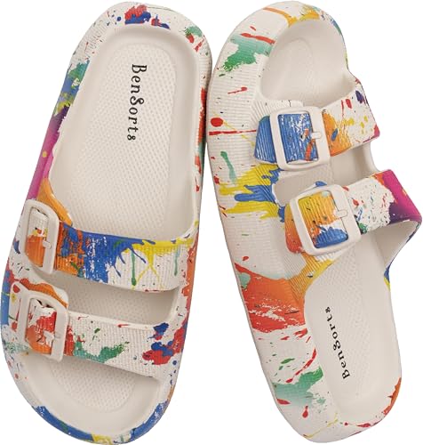 BenSorts Women Cushion Slides Foam Sandal 2 Buckle Adjustable Outdoor Pillow Slippers Slides Shower Shoes Slippers Colorful Beige Men Size 7 8 Women Size 8 9