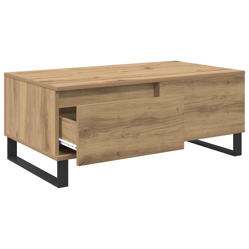 Stolik kawowy z materiału drewnopochodnego z 2 szufladami i stalowymi nogami w nowoczesnym, minimalistycznym wzornictwie do salonu, 90 x 50 x 36 5 cm