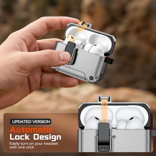 Image of Inesore for AirPods Pro 3 Case with Secure Lock (Silver) | Phone Stand Design,Compatible with MagSafe,Automatic Snap Switch Secure Cover Carbon Fiber Texture with Cleaner Kit
