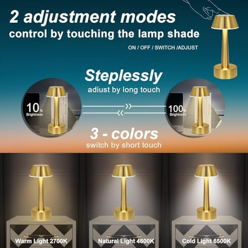 Image of Litehom Portable LED Table Lamp, 3-Levels Brightness Metal Desk Lamp,3 Color Touch Control Rechargeable Lamp, Ideal Bedside Lamp for Nightstand,Bedroom, Living Room (Light Golden)