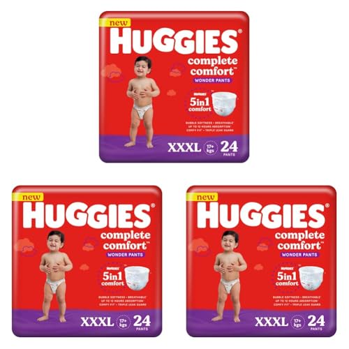Image of Huggies Complete Comfort Wonder Pants Triple Extra Large (XXXL) Size (17 Kgs+) Baby Diaper Pants, 24 count|5 benefits in 1 diaper| Bubble Bed softness | Upto 12 hour overnight absorption (Pack of 3)