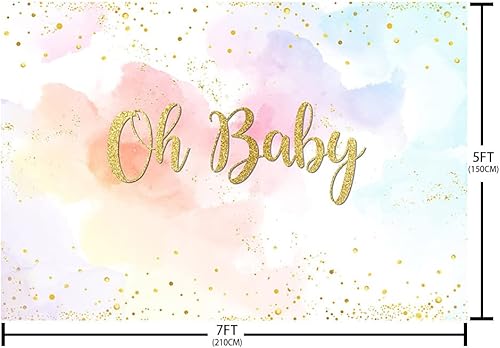 Miniatura 5 de Fondo de baby shower de arcoíris de 7 x 5 pies para niña, acuarela pastel Oh Baby Fotografía, fondo colorido de nube con purpurina dorada, confeti,