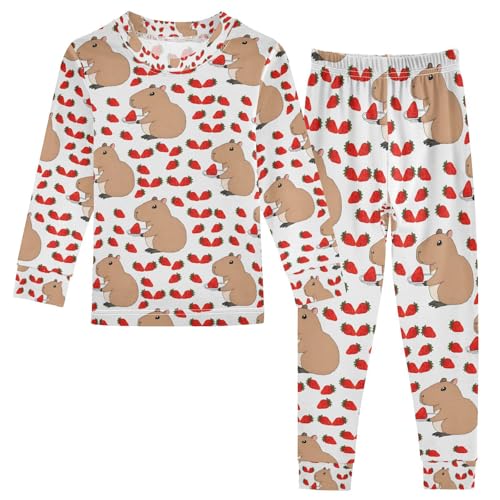 senya Cute Capybara Strawberry Pajamas Set Long Sleeve Soft Cotton Sleepwear 2 Piece
