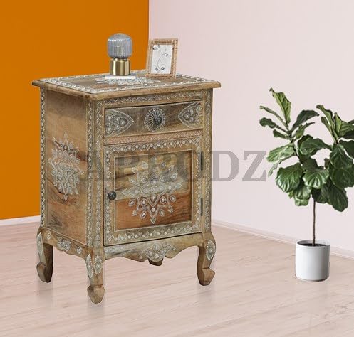 Image of APRODZ Wooden Handpainted Side Table with Door & Drawer Storage Portable Bedside End Table (Multicolor)