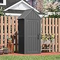 Fancyango Outdoor Resin Storage Shed, Upgrade Durable Storage Cabinet with Removable Shelves and Lock Ring, Reinforced Floor, All-Weather Construction for Garden Patio Lawn (Black)