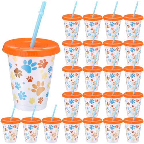 Sliner 24 Pcs Blue Dog Paw 16 oz Reusable Plastic Cups Paw Print Tumbler with Lid and Straw Drinking Cup for Birthday Party Supplies Favors