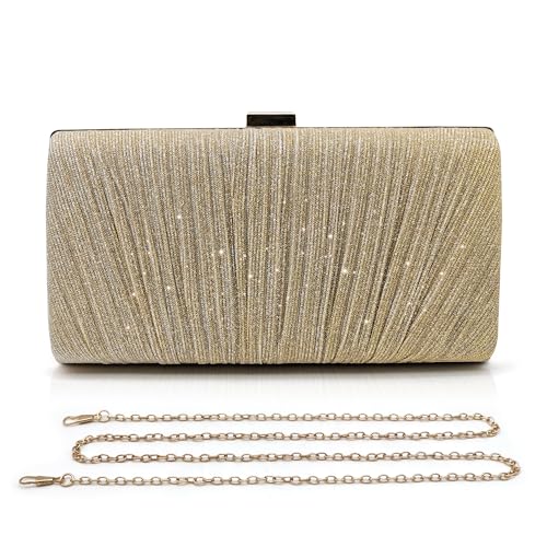 Pahajim Bolso Mujer Fiesta Brillante Bolsos Clutch con Cadena Bolso Noche Mujer para Boda Novia Ceremonia Banquete (Oro)