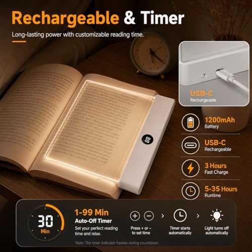 Image of Smart 2-in-1 LED Book Light for Night Reading - Rechargeable Full-Page Reading Lamp with 3 Color Temperatures, Eye-Friendly, Portable Bookmark Light, Funny Gifts for Kids, Students&Book Lovers (White)
