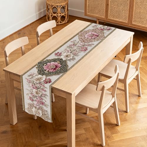 Image of Nuxovilar Pink Floral Table Runner Flax 13x72 in