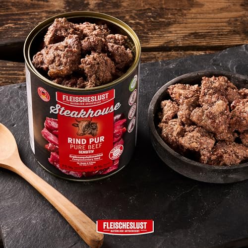 Fleischeslust Nassfutter für Hunde & Katzen | Steakhouse Rind pur (6x800g) | Reinfleisch-Dosen | Monoprotein | Ergänzungsfutter | getreidefrei | sensitiv