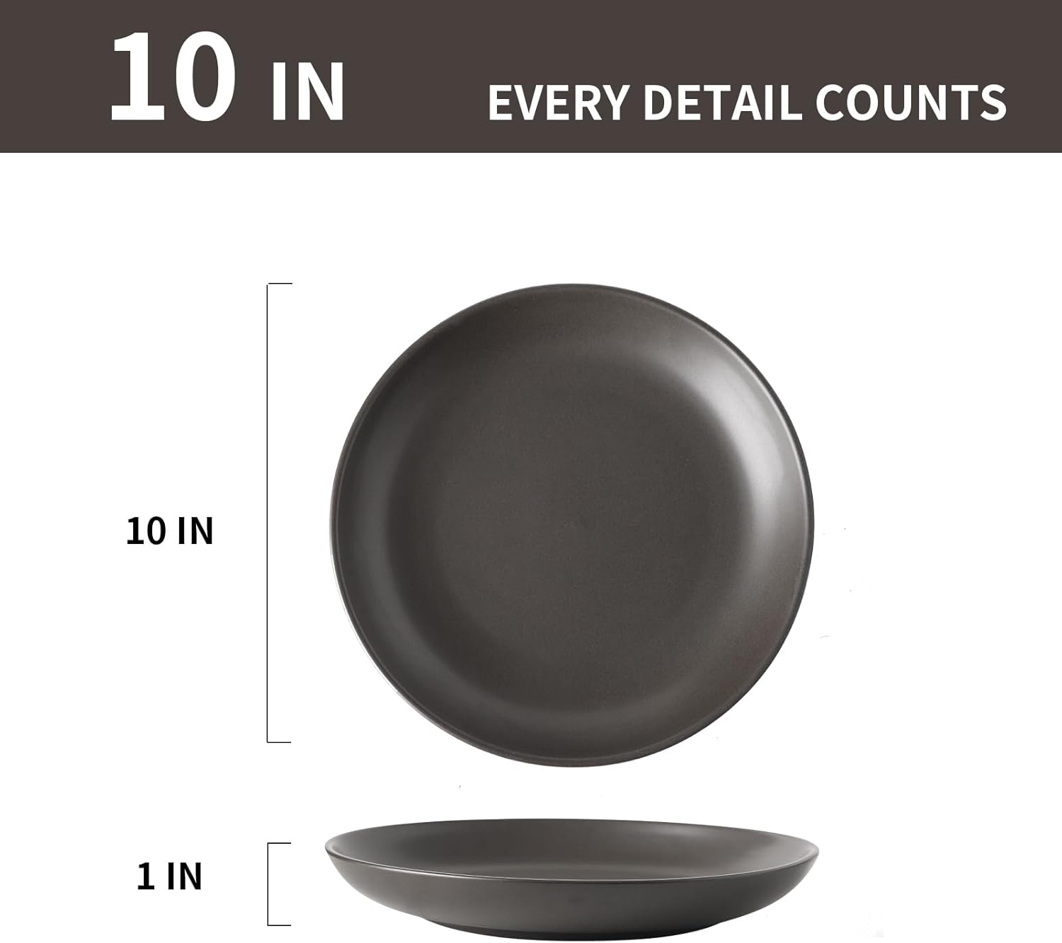 Ceramic Plate，10 Inch Dinner Plate, Black Plate Set of 4 for Steak, Noodle, Microwave Oven and Dishwasher Safe, Matte Black
