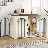 Hzuaneri 44.1' Wooden Dog Crate Furniture, Indoor Dog Kennel Dogs Cage for Small/Medium/Large Dogs, Heavy Duty Dog Crates Decorative Pet House End Side Table TV Stand, White Brown DFC83914B
