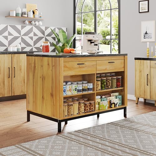 SACOOL 120 × 75 × 90 cm, isla de cocina de estilo rústico – Isla de cocina con 2 cajones y 4 estantes abiertos, vetas de madera de roble, encimera de mármol negro, estructura de metal, parte trasera