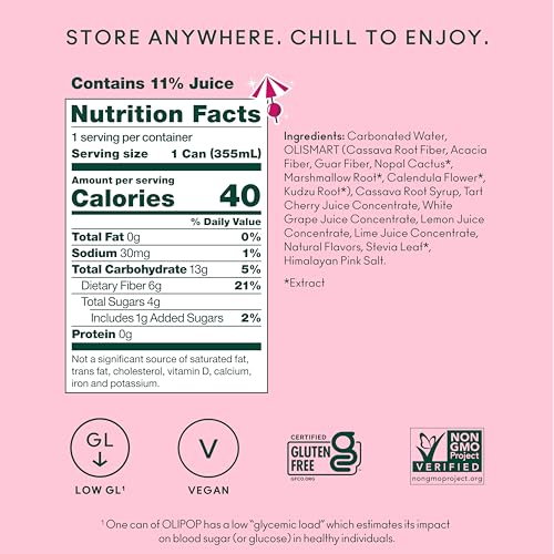 Image of OLIPOP Prebiotic Soda Pop, Shirley Temple, Pantry Pack Packed with Prebiotics, Fiber, and Botanicals, Gluten Free, GMO Free, 12oz (12-Cans) (Packaging May Vary)