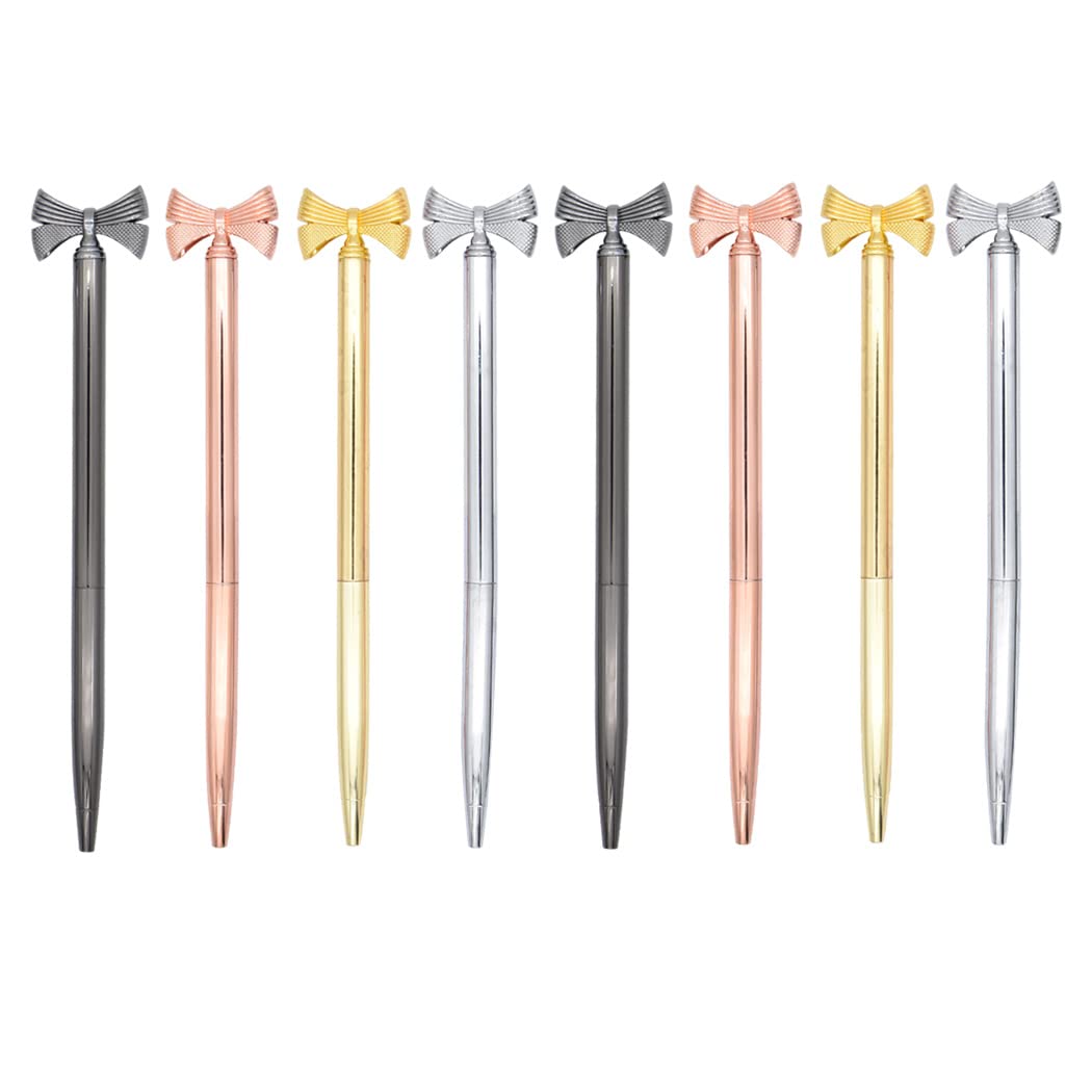 SIPLIV 8 Pieces Metal Ballpoint Pens with Black Ink, Bling Metallic Slim Ballpoint Pens Set Wedding Party Decoration Office School Supplies - Bow Tie