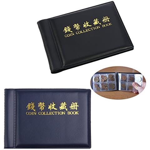 2 Pack Coin Collection Album 60 Coin Holders Can Hold 50P and 2 Pound Coins Black and Blue Cover