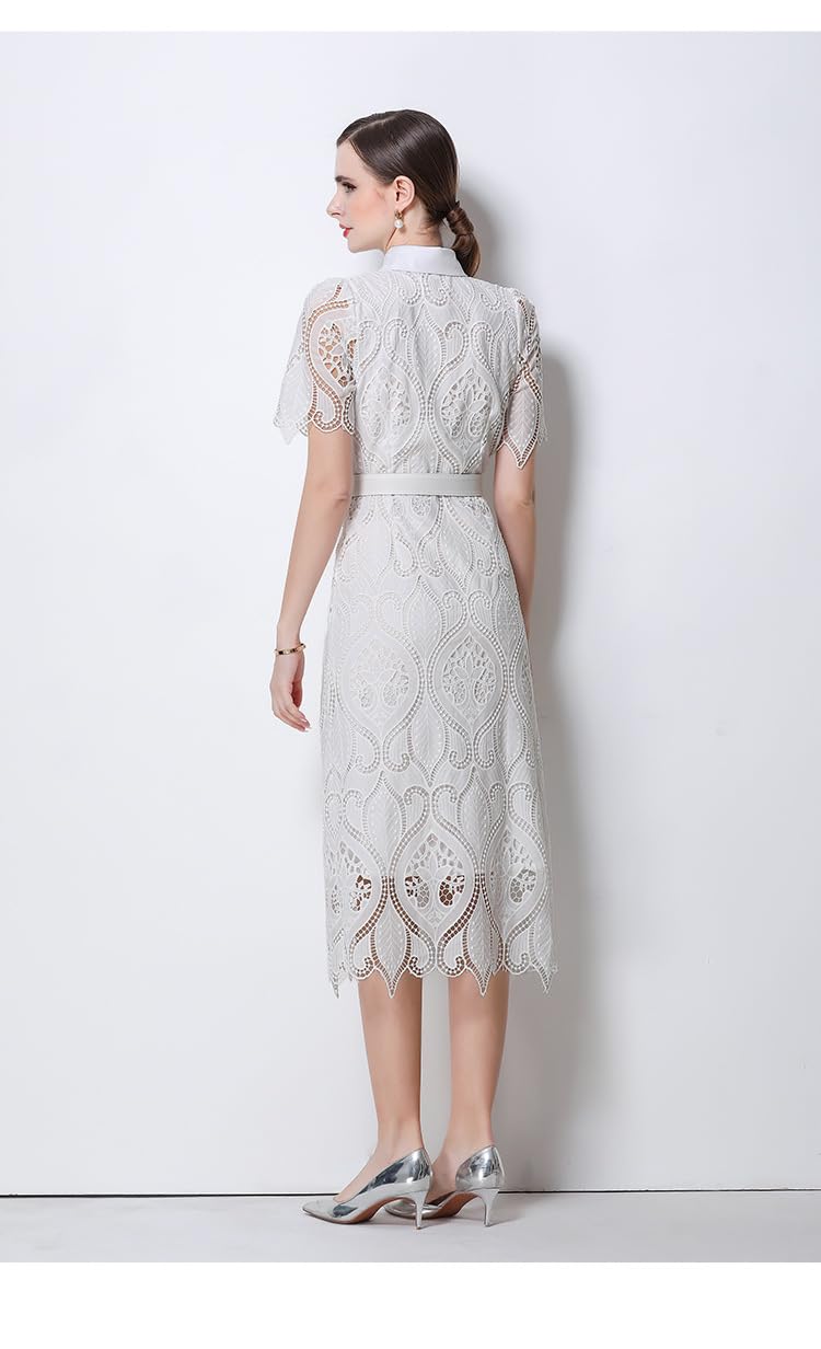 Generisch Damen Sommerkleid Mit Ausgehöhlter Spitze Revers Knopf Figurbetont Für Business Arbeit Hochzeit Gast Cocktailparty Midikleider Mit Gürtel