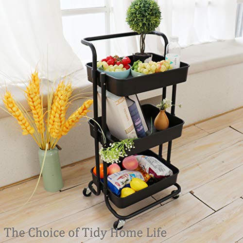 Piowio 3 Tier Utility Rolling Cart Multifunction Organizer Shelf Storage Cart With Handle And Lockable Wheels For Home Kitchen Bathroom Laundry Room Office Store Etc. (Black) #TOP2