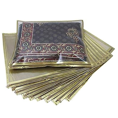 HOMFIL Brand - Laxis Non-Woven Single Saree Bags Golden Colour, Transparent Saree Covers With Zip, Saree Covers For Storage, Wardrobe Organiser, Size-36x42x2CM (Pack of 10)