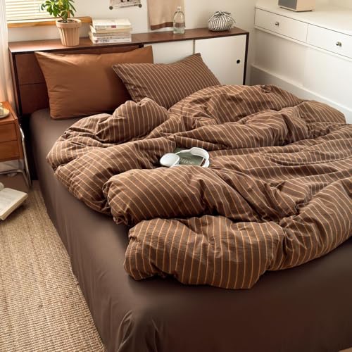 Image of Brown Striped Duvet Cover Twin Size Retro Stripes Bedding Set Vintage Vertical Stripe Soft Lightweight Microfiber Comforter Cover Set with Zipper Closure and 1 Pillowcase
