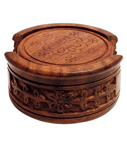 Image of Wooden Coasters Set of 6 Handmade Coaster Set of 6 Tea Coaster Set of 6 with Minute Intense Carving with Decorative Holder Tabletop Coasters for Tea Coffee Cups Mugs Beer cans bar Glass