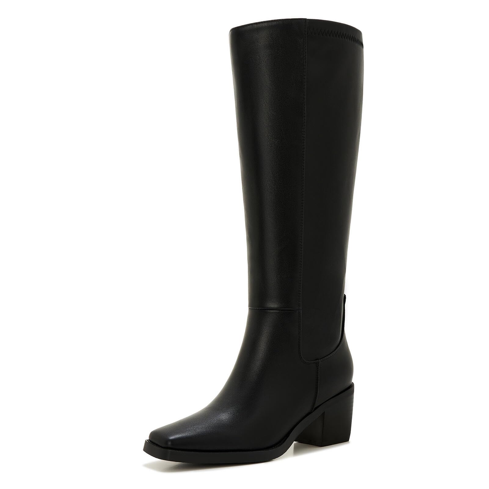 ZXHYZLZ Womens Black Wide Calf Knee High Boots Plus Size Square Toe Low Heel Tall Boots with Side