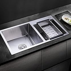 Fregadero Doble Con Escurridor Fetcoi Fregadero de cocina de acero inoxidable, doble fregadero, empotrable, 78 x 43 x 21 cm, con escurridor, fregadero doble, Negro