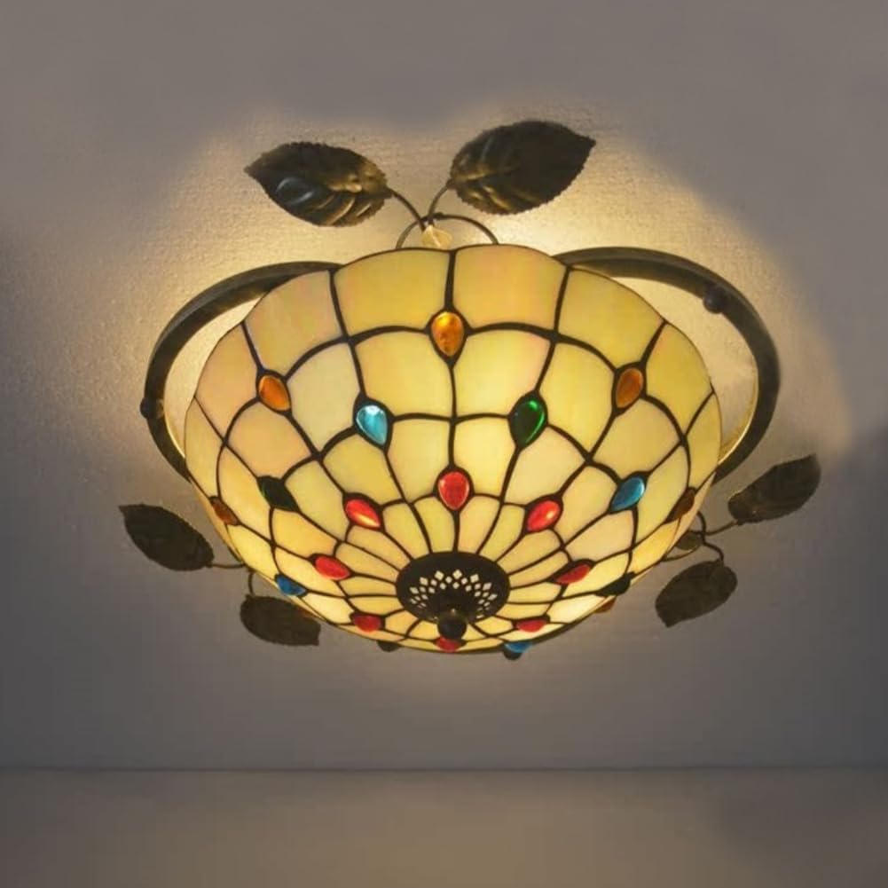 Antique Glass Flush Mount Ceiling Light Bowl Shaped Vintage Stained Glass Ceiling Light Metal Leaf Ceiling Lamp Tiffany Flush Mount Light Fixture with Colored Crystal - 16" Beige