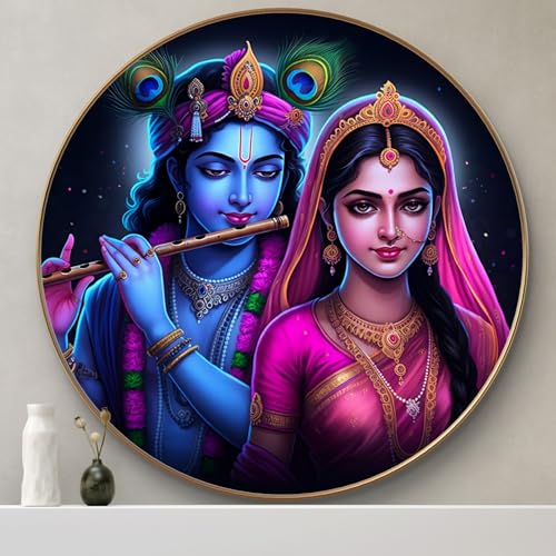 Image of Livin'luxe Radha Krishna Round Art Print with Golden Frame | Divine Flute HD Art Print for Pooja Room Living Room Temple Decor (20x20 Inch) Art-GRL-204