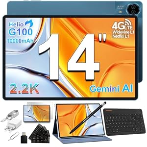 TECLAST T70 Tablet 14 Zoll 2.2K Gaming Tablets, Helio G100 2.2GHz Octa-Core, 10000mAh/18W PD, 20GB RAM+128GB(8TB TF), 4G LTE Dual SIM, Widevine L1, GPS, 13MP, Gemini AI Tablet mit Tastatur+Stift+Hülle