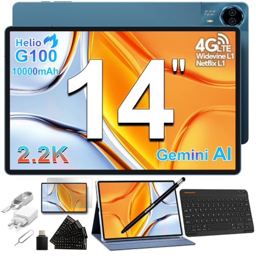 TECLAST T70 Tablet 14 Zoll 2.2K Gaming Tablets, Helio G100 2.2GHz Octa-Core, 10000mAh/18W PD, 20GB RAM+128GB(8TB TF), 4G LTE Dual SIM, Widevine L1, GPS, 13MP, Gemini AI Tablet mit Tastatur+Stift+Hülle