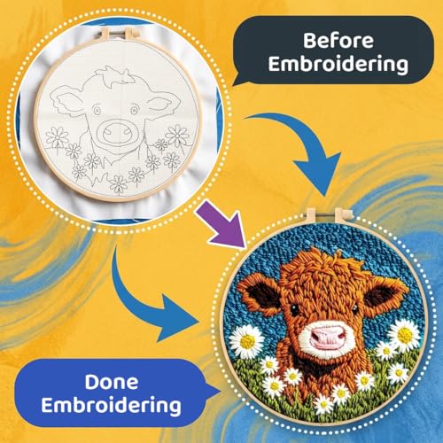 Image of PATPAT20cm DIY Tufting Craft Kit with Bamboo Embroidery Hoop, Pre-Printed Highland Cow Pattern, Yarn Set & Tufting Tools, Beginner Punch Needle Wall Art Kit for Plush 3D Home Decor, Gifts