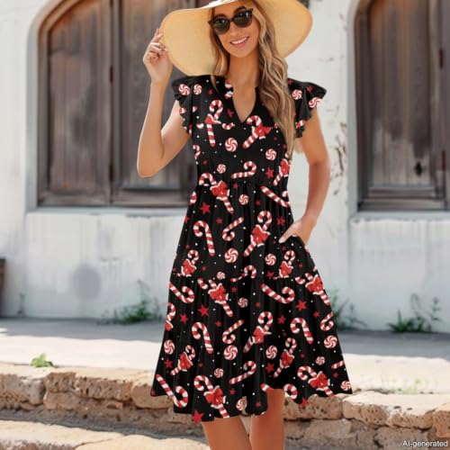 Image of Womens Summer Dress Ruffle Sleeve V Neck Dress Casual Fit Flowy Beach Vacation Sundress with Pocket S-2XL