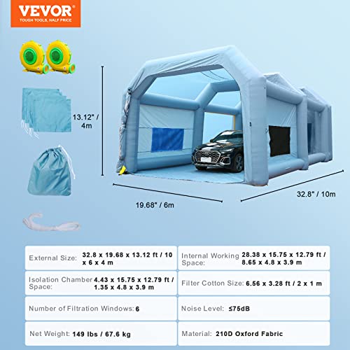 VEVOR Tragbares Aufblasbares Farbzelt für Sprühmalerei 1100 + 950 W, 10 x 6 x 4 m Sprühschutz Farbkabine für DIY-Projekte, Hobby-Farbautomaten-Werkzeug, Blau 210D Oxford-Gewebe Auto Lackierkabine