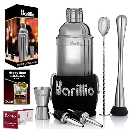 Elite Cocktail Shaker Set Bartender Kit by BARILLIO: 24 oz Stainless Steel Martini Mixer, Muddler, Mixing Spoon, jigger, 2 liquor pourers, Velvet Bag, Recipes Booklet & eBook