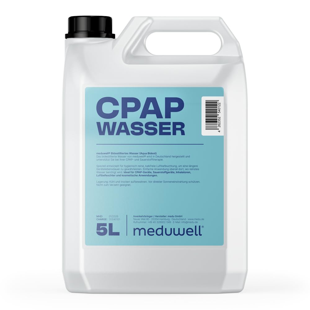 meduwell CPAP Wasser, Bidestilliertes Wasser für Atemtherapie, Sauerstoffgeräte, Inhalatoren, Luftbefeuchter, Kosmetische Anwendungen, 5 Liter Kanister (4x 5 Liter Kanister)