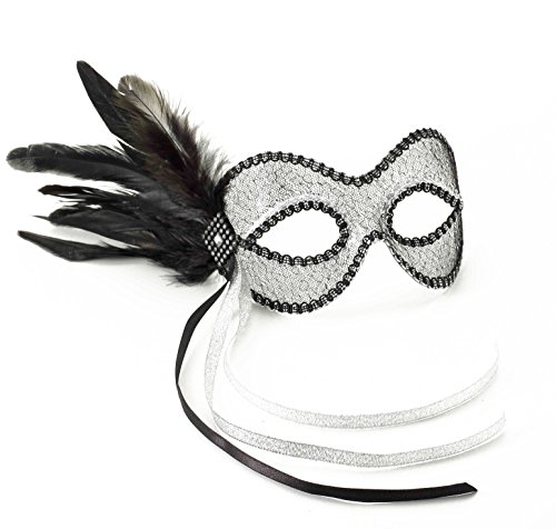 Loup de Venise en dentelle et plumes noir et argent Forum Novelties en taille unique