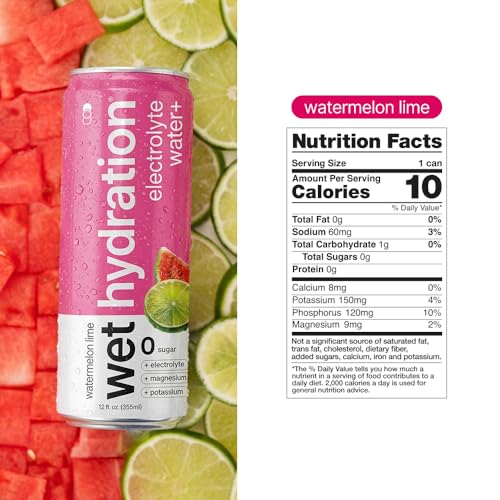 Image of Wet Hydration | Functional Wellness Water, Non-Carbonated - Watermelon Lemon Lime (12 Ounce Cans, Pack of 12) - Flavored Water, Hydration Drink, No Sugar, No Artificial Ingredients, Zero Calories