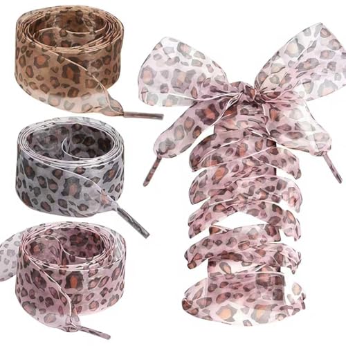 TitTees 3 Pcs Fashion Leopard Shoe Laces for Womens Sneakers, 4CM Wide Ribbon Shoelaces - White, Pink, and Brown Cheetah Pattern Laces for Women Girls, Perfect for Casual Shoes, Boots, and Sneakers