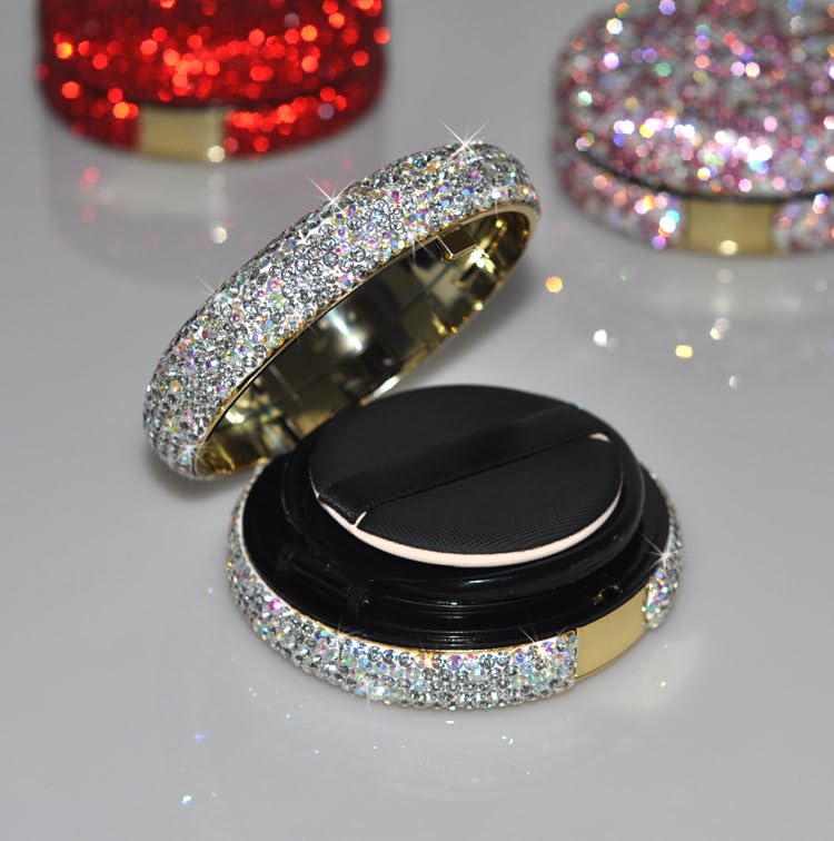 Bling Diamond Makeup Powder Empty Container, Cushion Foundation Case with Round Mirror, Air Cushion Puff Case, Foundation BB Cream Box -White