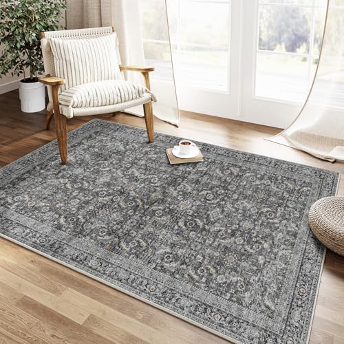 4x6 Washable Area Rug Brown Vintage Non Slip Soft Low Pile Rug for Entryway Kitchen Bathroom Distressed Oriental Throw Carpet for Living Room Bedroom Home Decor
