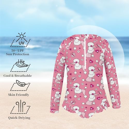 susiyo Pink Poodle Cute Dog Girls Long Sleeve One Piece Swimsuits Rash Guard Bathing Suit UPF 50+ Zipper Girl Swimwear2