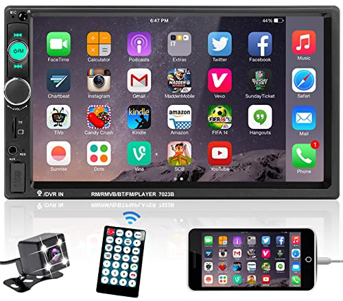 Podofo Autoradio 2 Din avec écran 7'' Lien Miroir pour iOS/Android Bluetooth Mains Libres Radio FM USB Commande au Volant 7 Boutons Couleur AUX-in Caméra de Recul