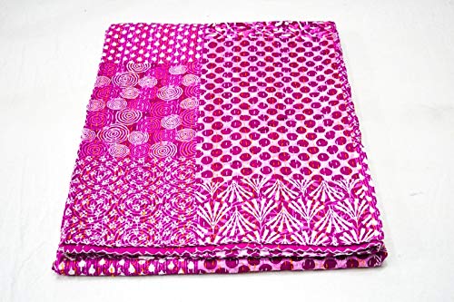 YUVANCRAFTS Indian Home Decor Handmade Kantha Quilt Pure Cotton Traditional Patch Work Queen Quilt Blanket Bedspreads Throw