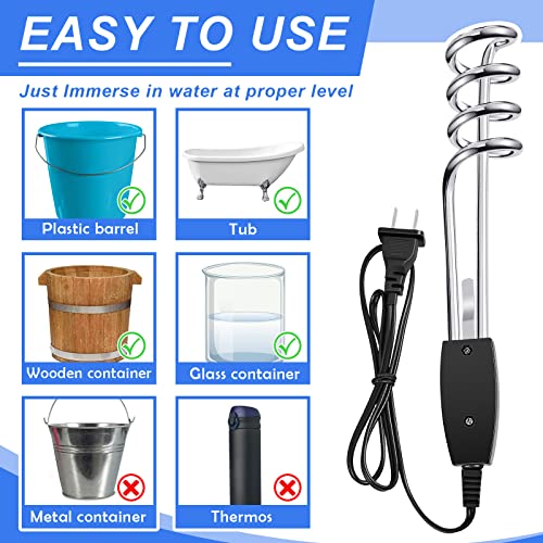 Retisee 2 Pieces Immersion Water Heater Immersion Heater 1000w 110v Electric Immersion Element Boiler Pool Heater Portable Water Heater Heating Rod for Inflatable Pool Camping Bathtub