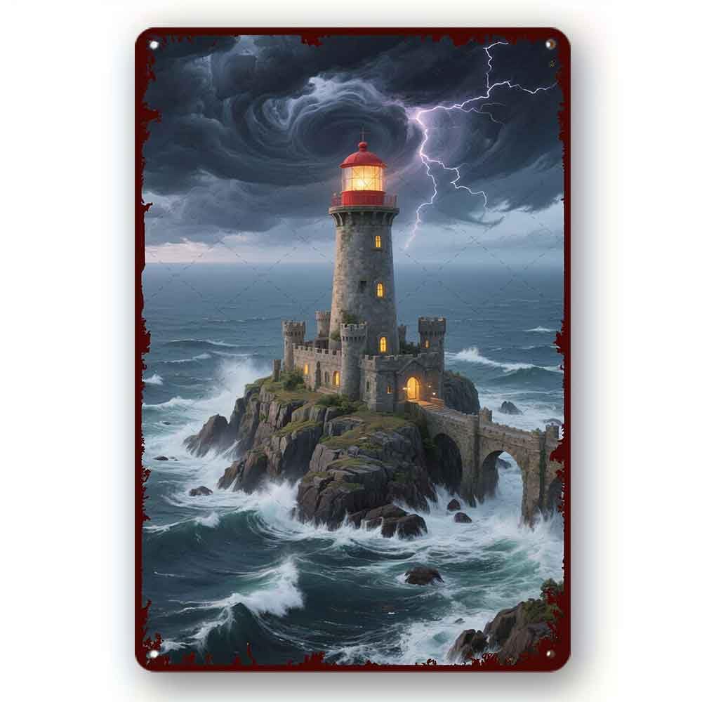 peiyeety Retro Tin Sign Funny Lighthouse in the storm Creative Funny Vintage Sign Decoration Home Bathroom Patio Bar Tin Signs 8x12 Inch