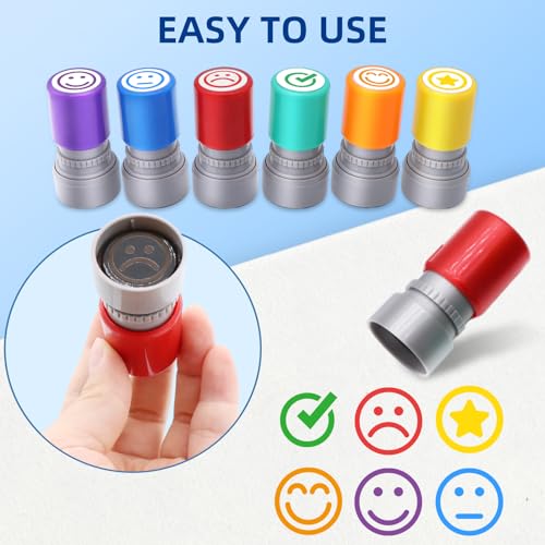 Image of 6pcs Rubber Plastic Round Self-inking Stamps, Vibrant Smiley Stamps, Best Homework Stamps, Encouraging Classroom Comments