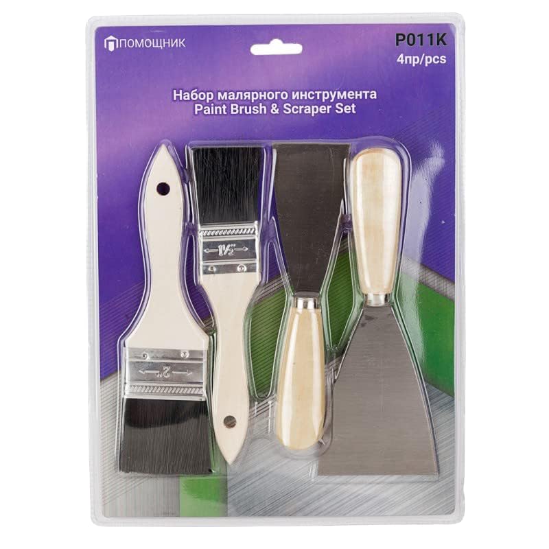 Image of Paint Brush & Knife Tool Set 4pc. Brush size: 38,50mm, Scraper size: 50,75mm in Blister