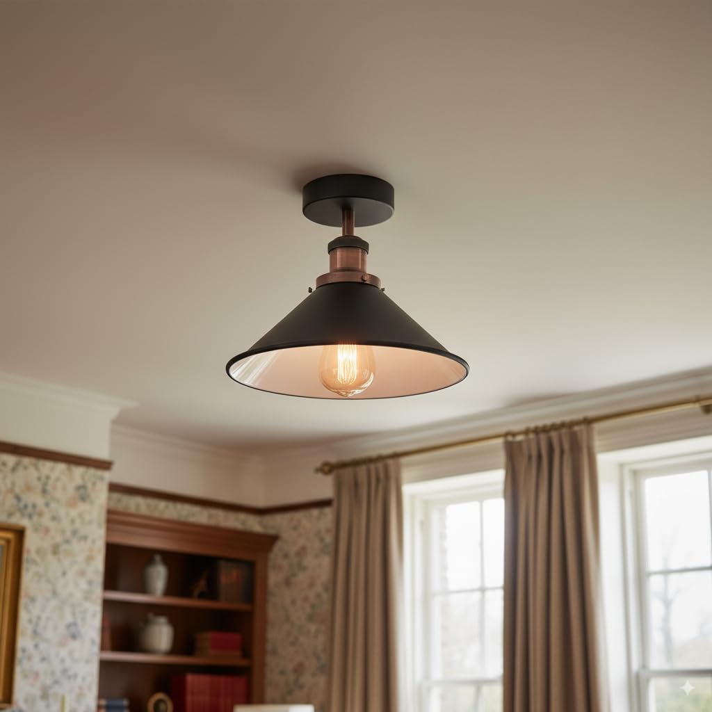 DC VOLTAGE 2 Pack Vintage Flush Mount Ceiling Lamp E27 Ceiling Light Fixture Easy Fit Rust Free Long Lasting Metal 22cm Black Inner White Cone Shade Living Room Hallway Lighting Without Bulb - Image 2